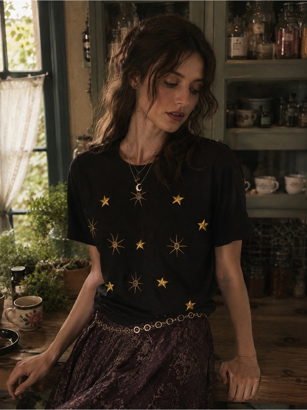 Nancy Heller Black Embroidered Sun Cotton tee M